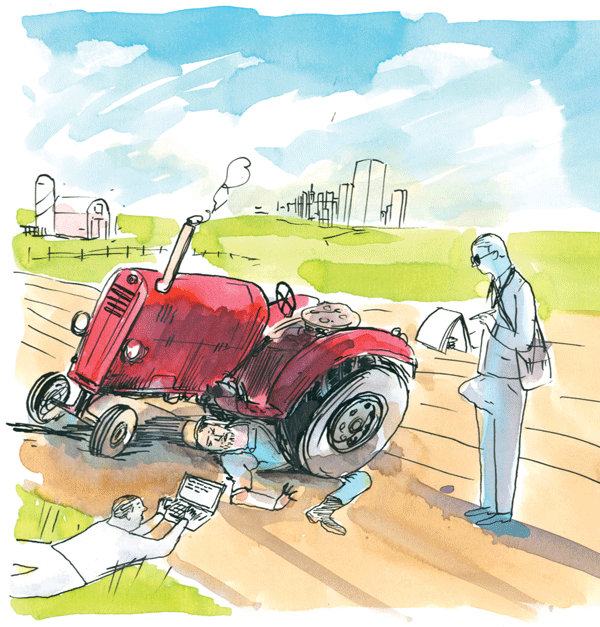 Most Canadians live in cities. Why is our literature so relentlessly rural? Illustration by Graham Roumieu.