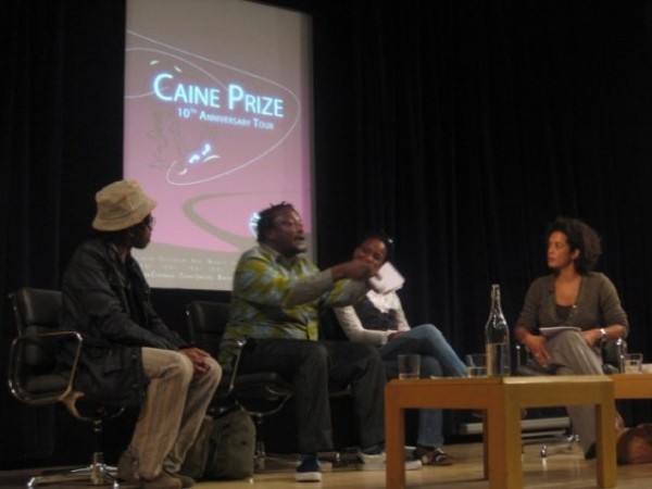 A panel at the British Library celebrating 10 years of the Caine Prize for African Writing. Left to right: Brian Chikwava, Binyavanga Wainaina, Chika Unigwe, moderator Aminatta Forna. Photo via the Caine Prize's Facebook page.