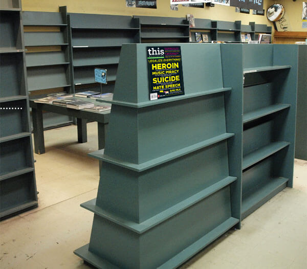 The almost-bare shelves of Toronto's Pages Bookstore in its final days. Daniel Tencer writes about the plight of independent booksellers in the November-December issue of This Magazine.