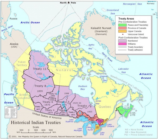 Historic treaty boundaries between Canada and Aboriginal peoples. Not representative of any proposed outline for an Aboriginal province; vast areas of Canada have never been formally surrendered or ceded by Aboriginal peoples. Courtesy Ministry of Natural Resources.