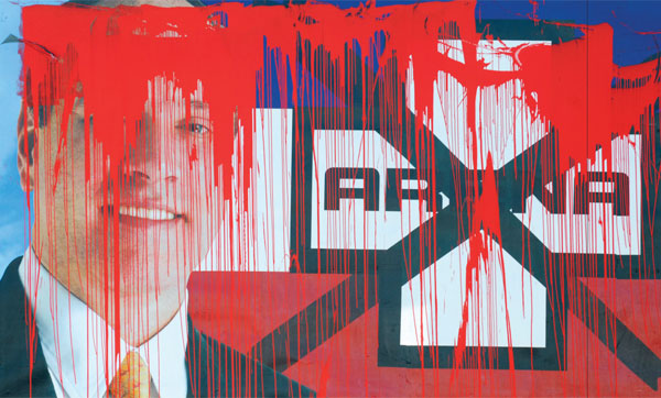 A vandalized ARENA billboard in San Salvador. Photo by Luis Galdamez.