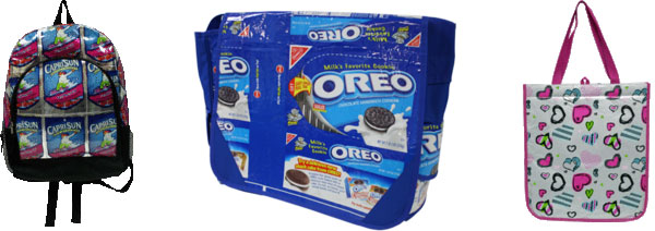 TerraCycle products made from garbage (from left): backpack made from Capri Sun packets; messenger bag made from Oreo wrappers; tote made from potato chip bags.