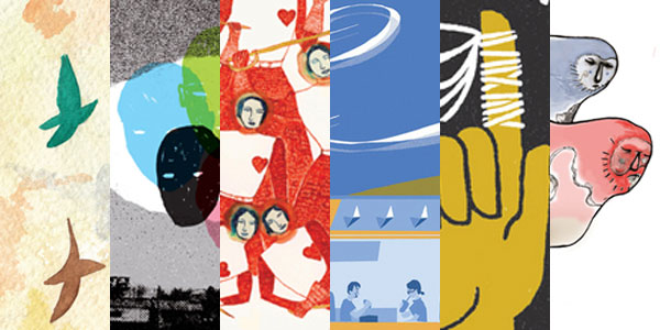 Details of Invisible Publishing Titles. (L-R: Bats or Swallows, Ghost Pine, Fear of Fighting, This American Drive, Rememberer, The Art of Trespassing.)