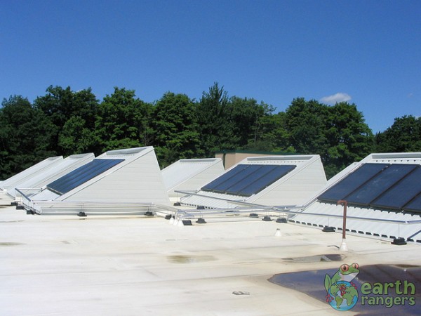 Rooftop solar panels provide about a third of the building's power.