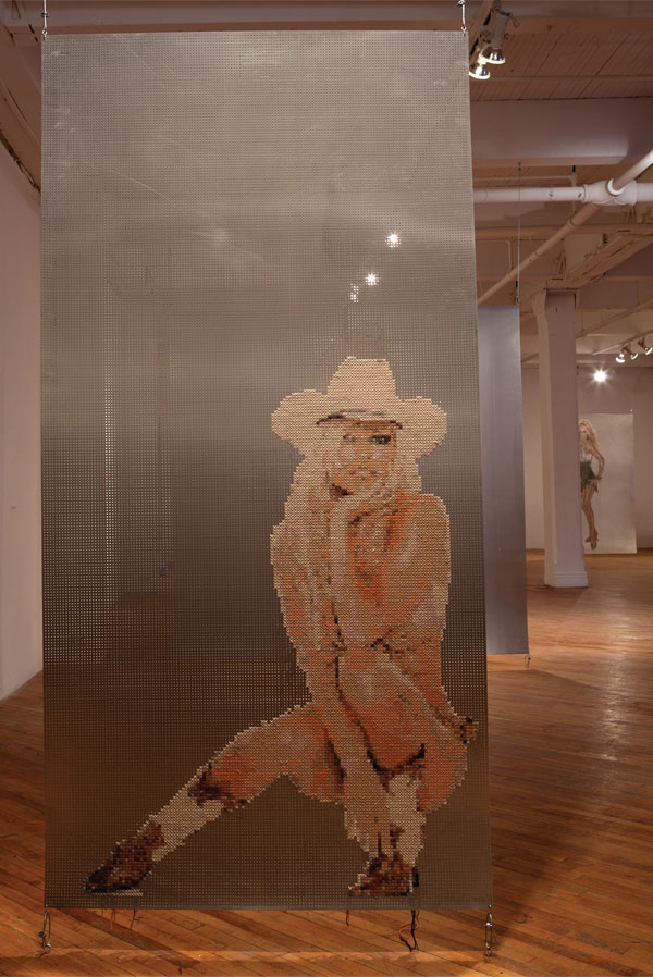 Large cross-stitch tapestries from Kristin Nelson's series My Life With Pamela Anderson (2010). Images courtesy the artist.