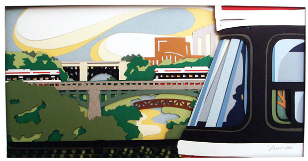 Papercraft scene of streetcars by Drew Nelson. Image courtesy the artist.