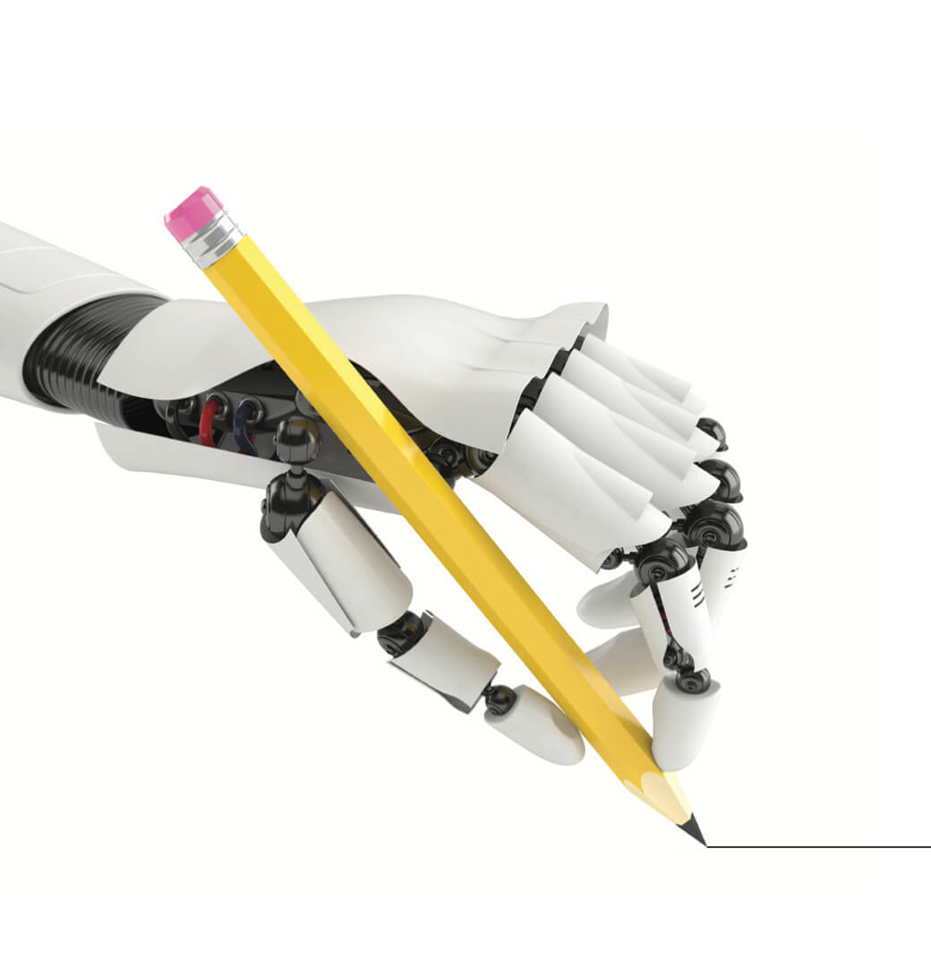 A white robotic hand with visible joints holds a pencil and draws a straight line