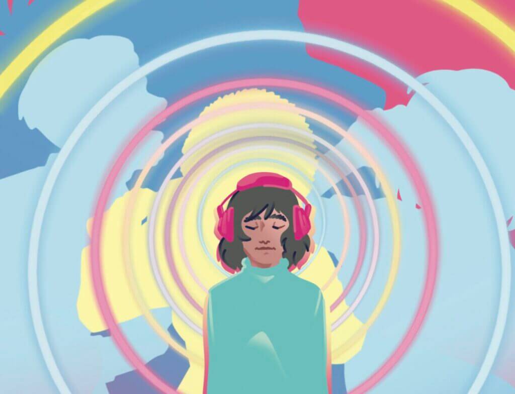 A person wears a dreamy expression and a pair of headphones while walking