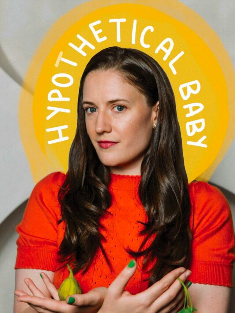 Rachel Cairns gives a serious gaze with the words Hypothetical Baby written in yellow in the background