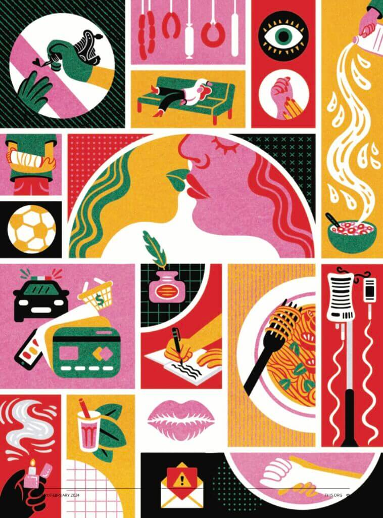 A collage depicts bleach being poured into soup, two women about to kiss, a DIY tattoo setup, and other shenanigans