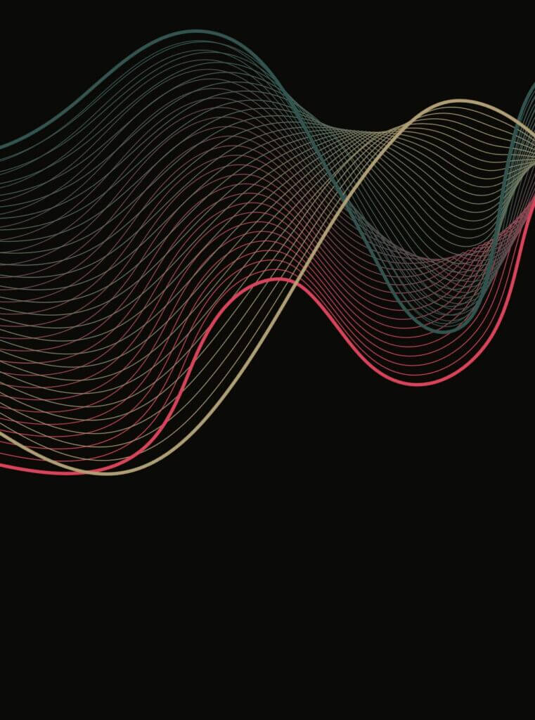 Red and yellow sound waves stretch across a dark backdrop