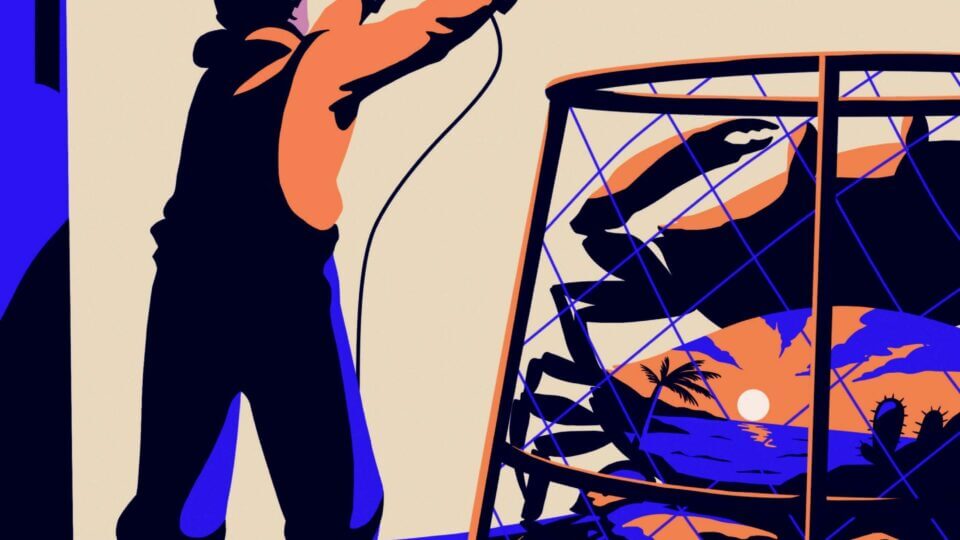 An illustration of a man casting out a crab trap. A basket of crabs is in the foreground.