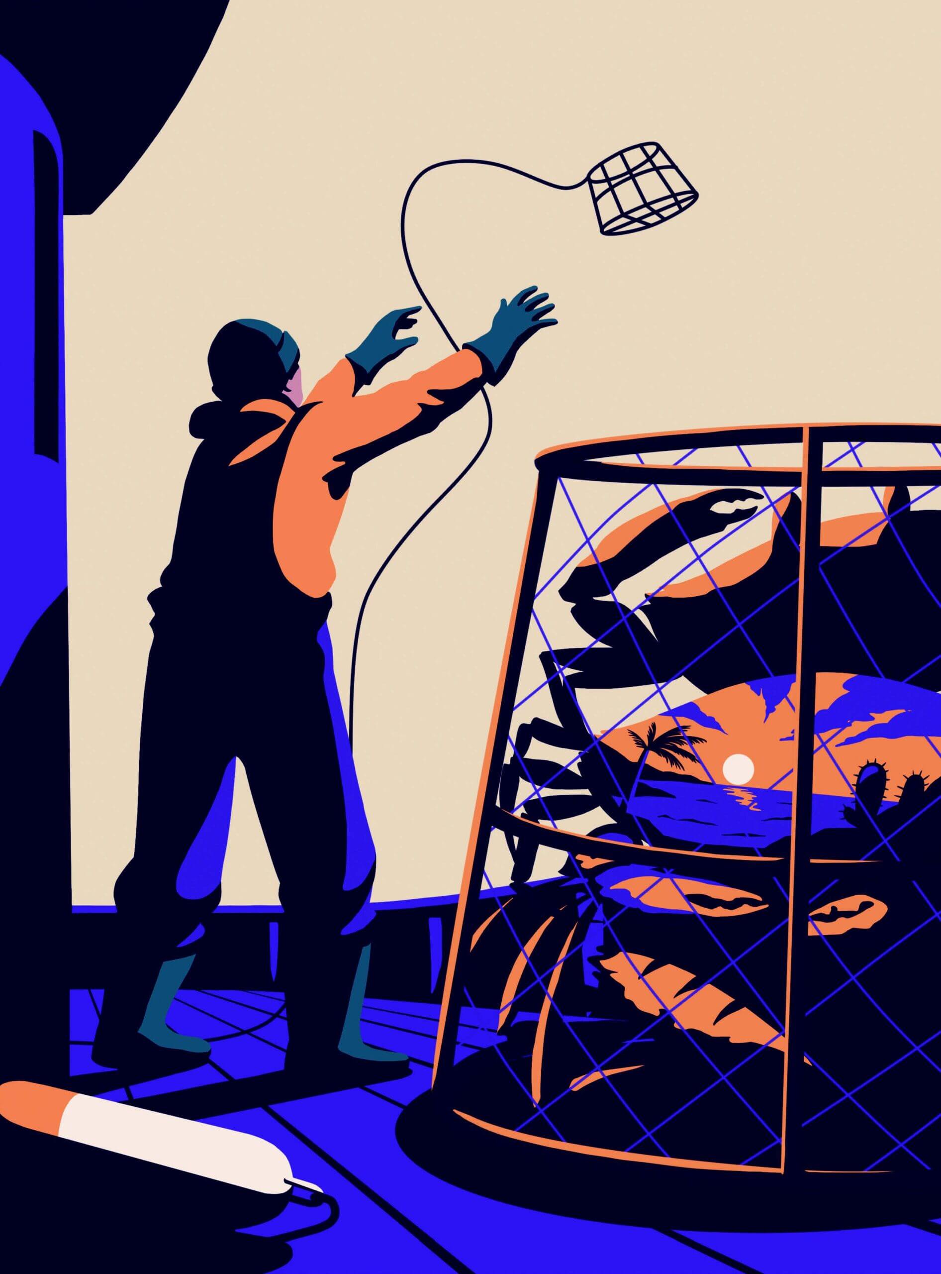 An illustration of a man casting out a crab trap. A basket of crabs is in the foreground.