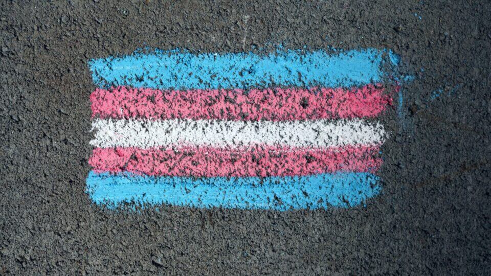 A transgender pride flag drawn on the ground in chalk.